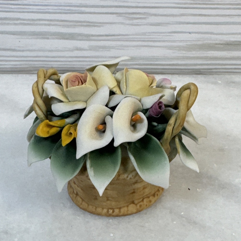 Vintage Genuine Capodimonte Rose Basket Flowers 3x2"